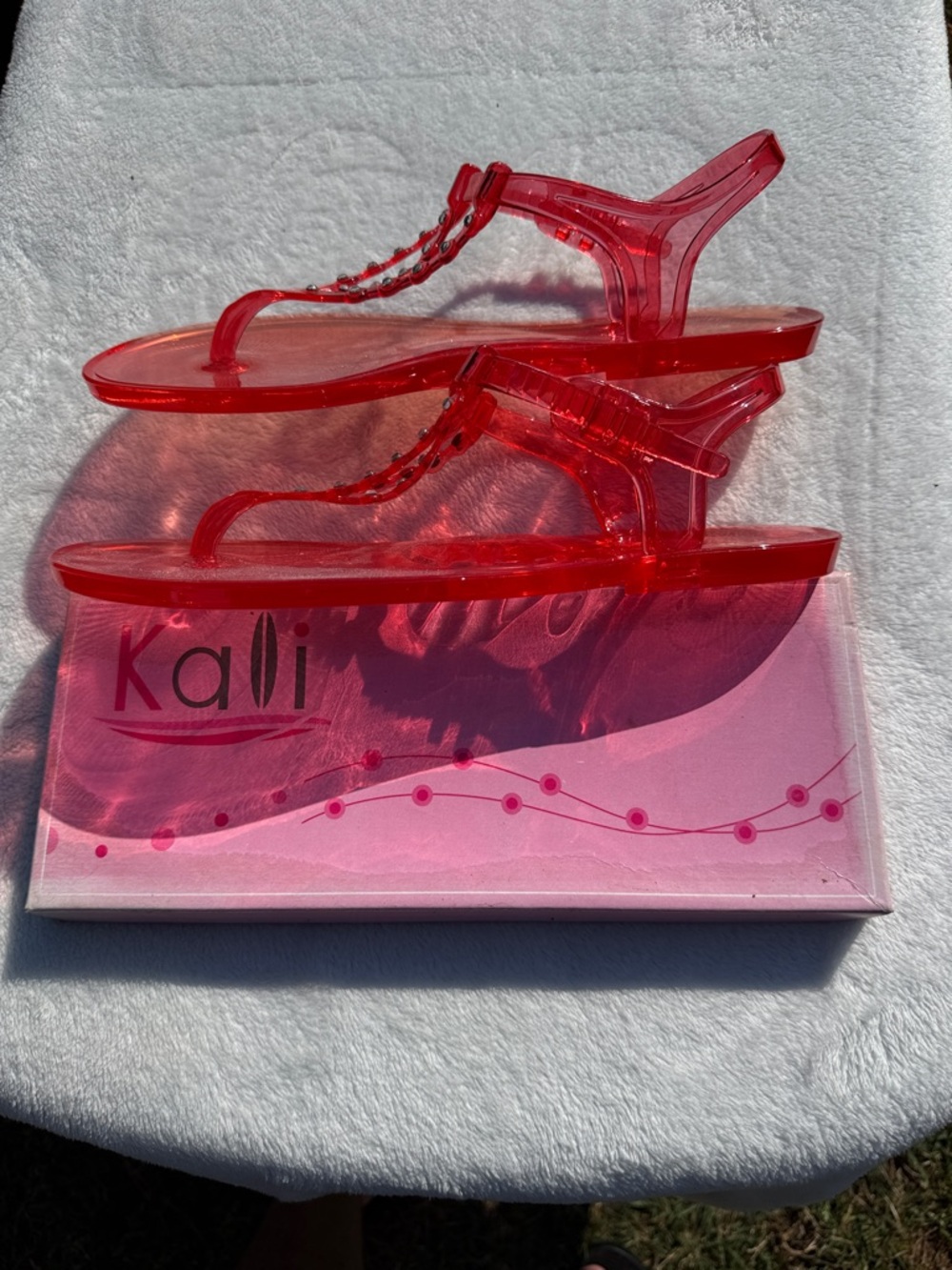 Kali Red Jelly T-Strap Sandals with Stud Accents - Picture 4 of 4